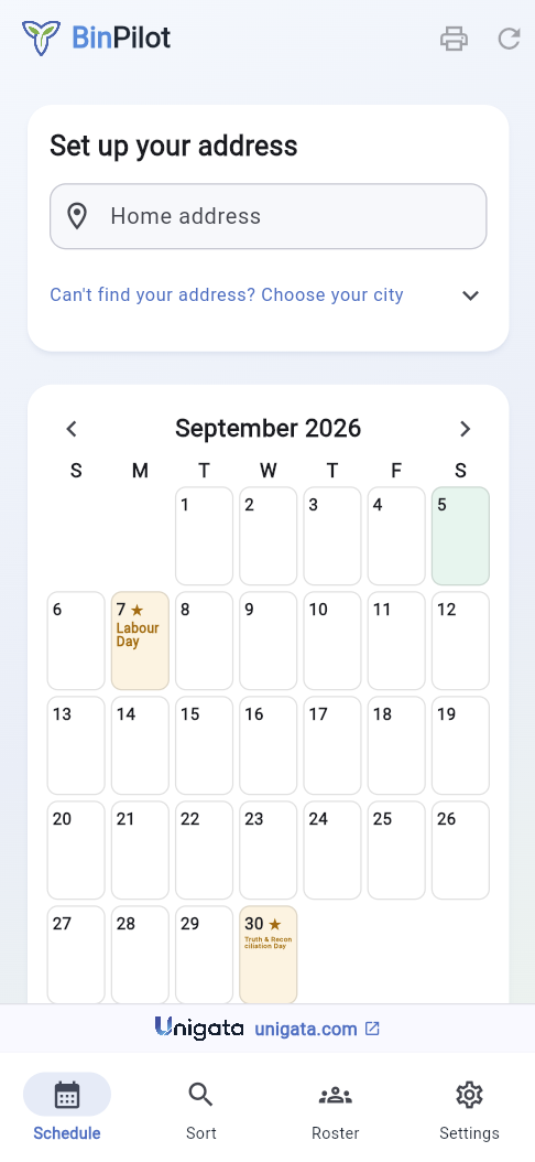The BinPilot home screen with an empty Set up your address box above a blank September calendar.