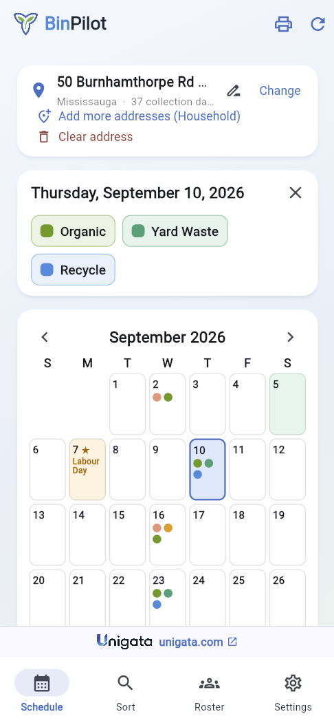 A day panel reading Thursday, September 10, 2026 with Organic, Yard Waste and Recycle chips.
