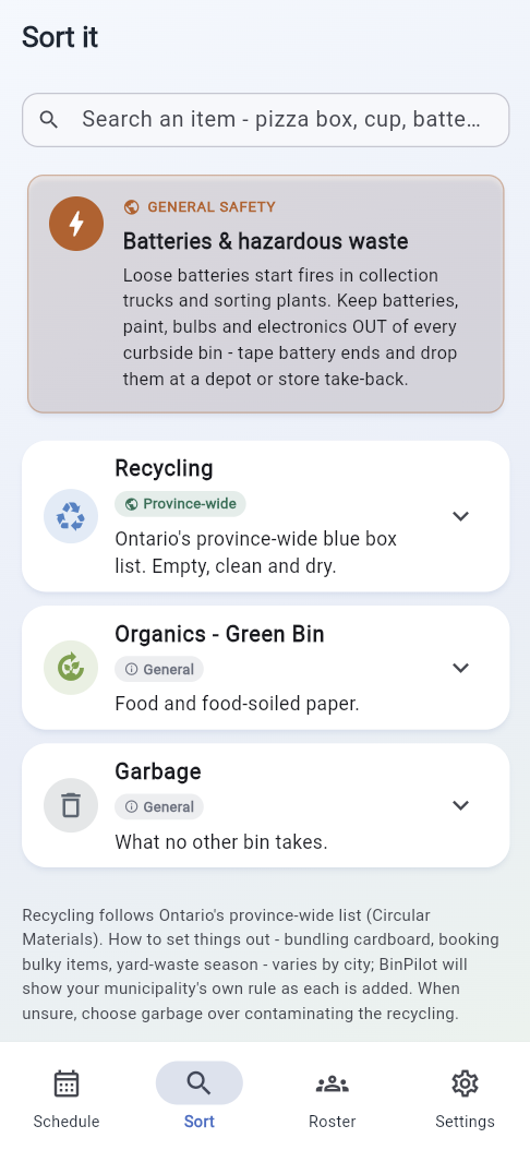 The Sort tab with a search box and cards for Recycling, Organics and Garbage.