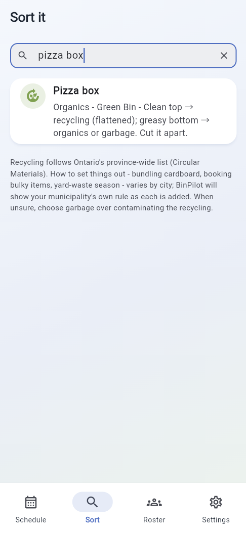 A search for pizza box returning: clean top to recycling flattened, greasy bottom to organics or garbage.