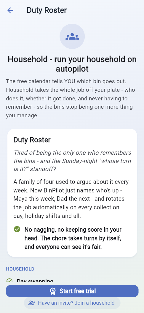 The Household screen explaining the Duty Roster.