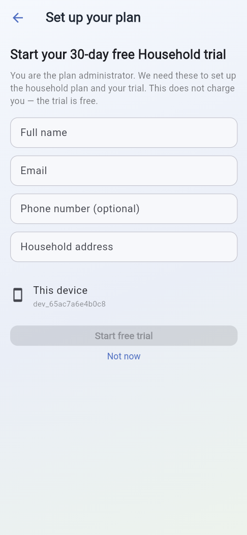 The Set up your plan screen with fields for name, email, optional phone and household address.