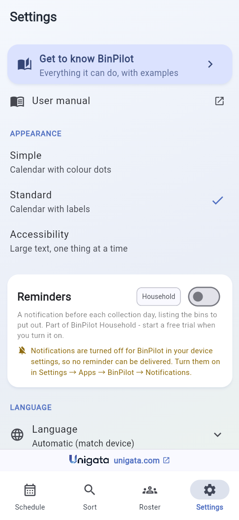The Settings screen showing Appearance options: Simple, Standard and Accessibility.