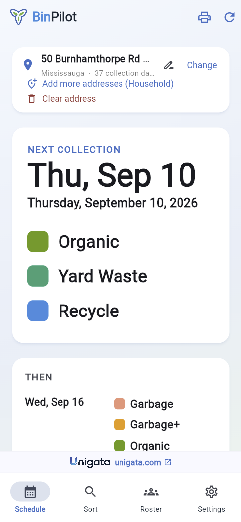 The Accessibility view: NEXT COLLECTION, Thu Sep 10 in very large type, with Organic, Yard Waste and Recycle each beside a large colour block, then a THEN section for the following collection.