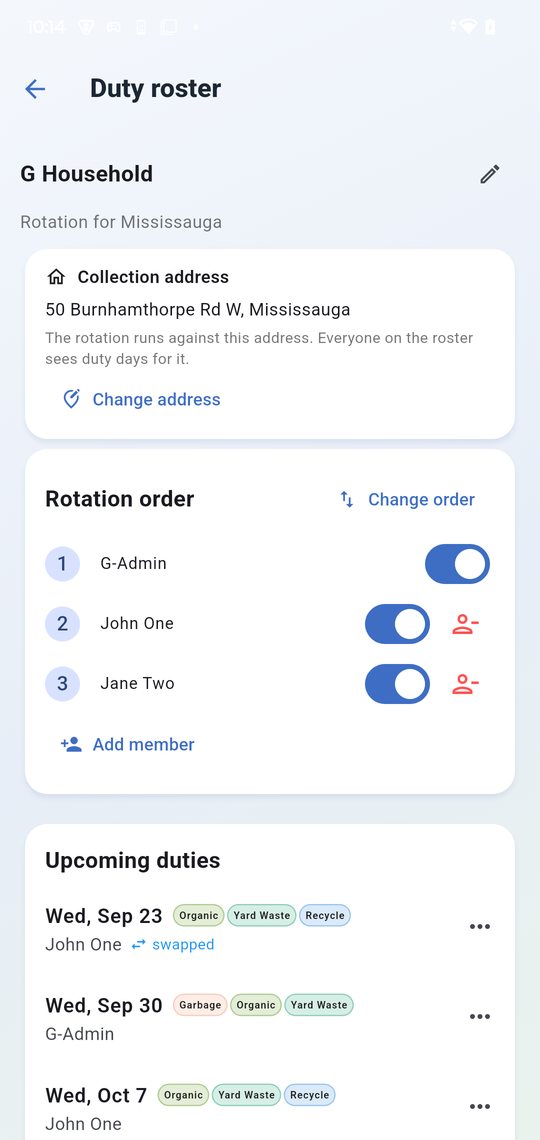The Duty roster screen: a rotation order of two people, then Upcoming duties listing each collection day with its bins and whose turn it is.