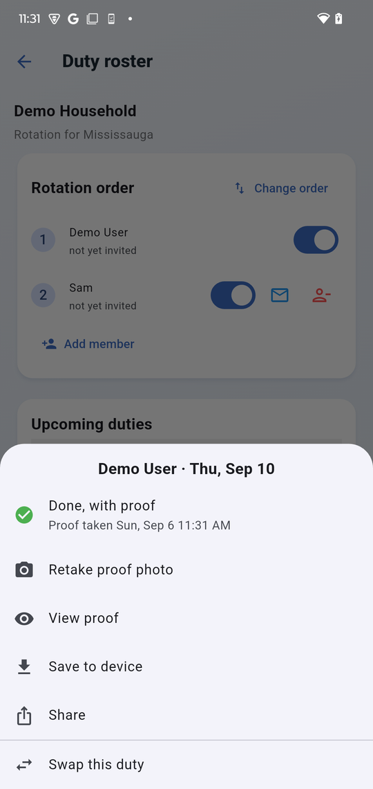 The same sheet after a proof was taken: Done with proof and when it was taken, then Retake proof photo, View proof, Save to device and Share.