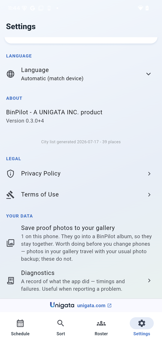 The Your data section of Settings, with a row reading Save proof photos to your gallery and the number held on this phone.