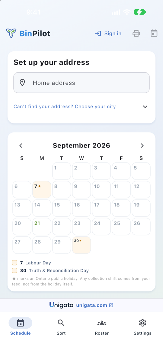 The BinPilot home screen with an empty Set up your address box above a blank September calendar.