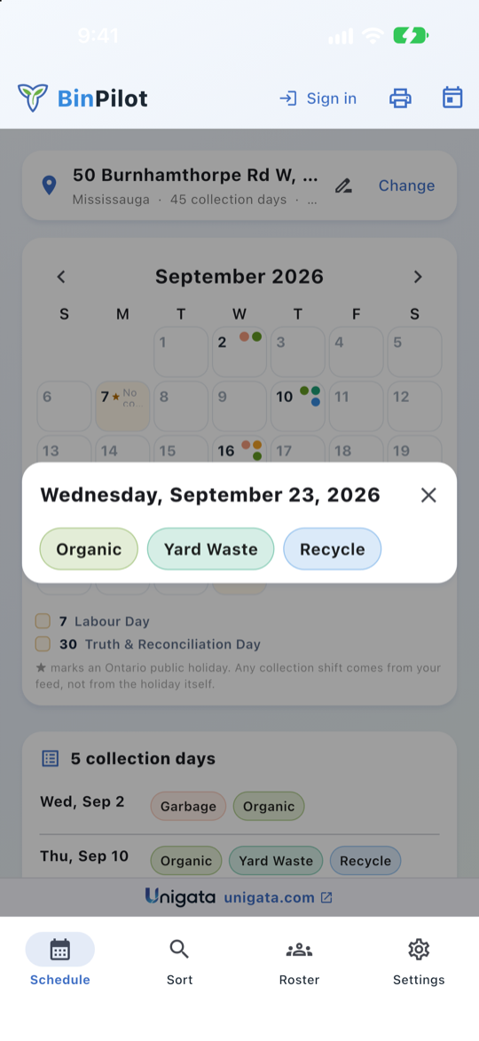 A day panel reading Thursday, September 10, 2026 with Organic, Yard Waste and Recycle chips.