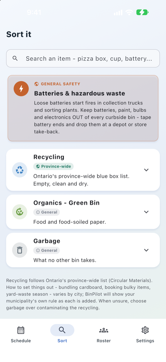 The Sort tab with a search box and cards for Recycling, Organics and Garbage.