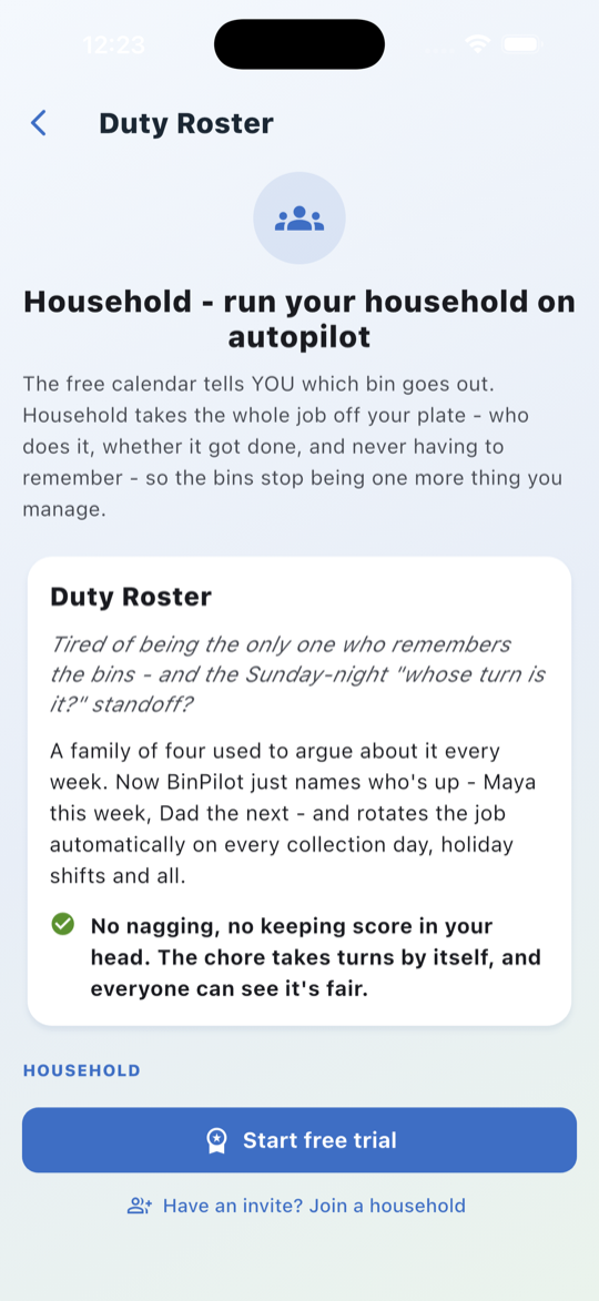The Household screen explaining the Duty Roster.
