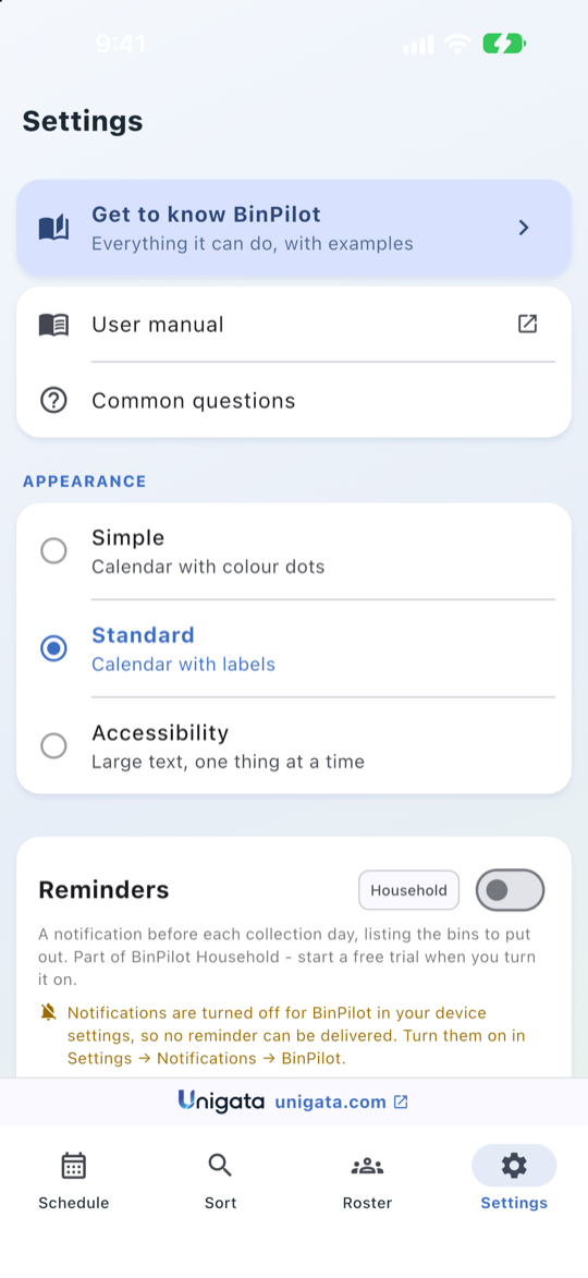 The Settings screen showing Appearance options: Simple, Standard and Accessibility.