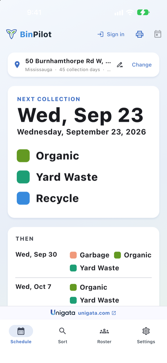 The Accessibility view: NEXT COLLECTION, Thu Sep 10 in very large type, with Organic, Yard Waste and Recycle each beside a large colour block, then a THEN section for the following collection.